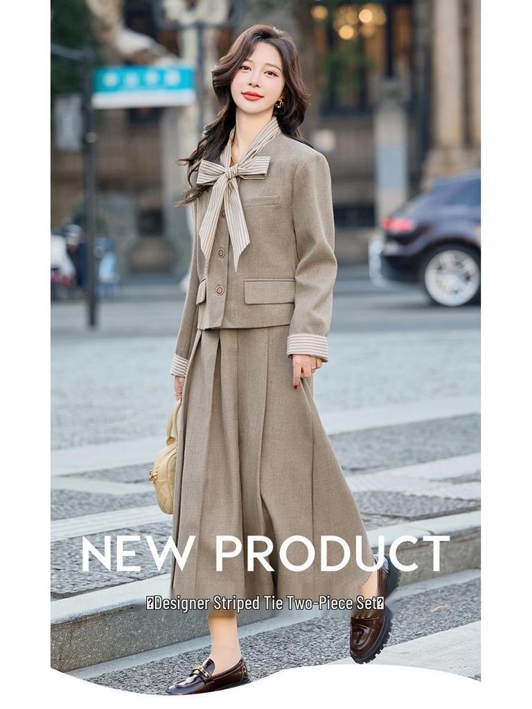 Spring 2025 Bow-Accent Single-Breasted Jacket & Skirt Two-Piece Set