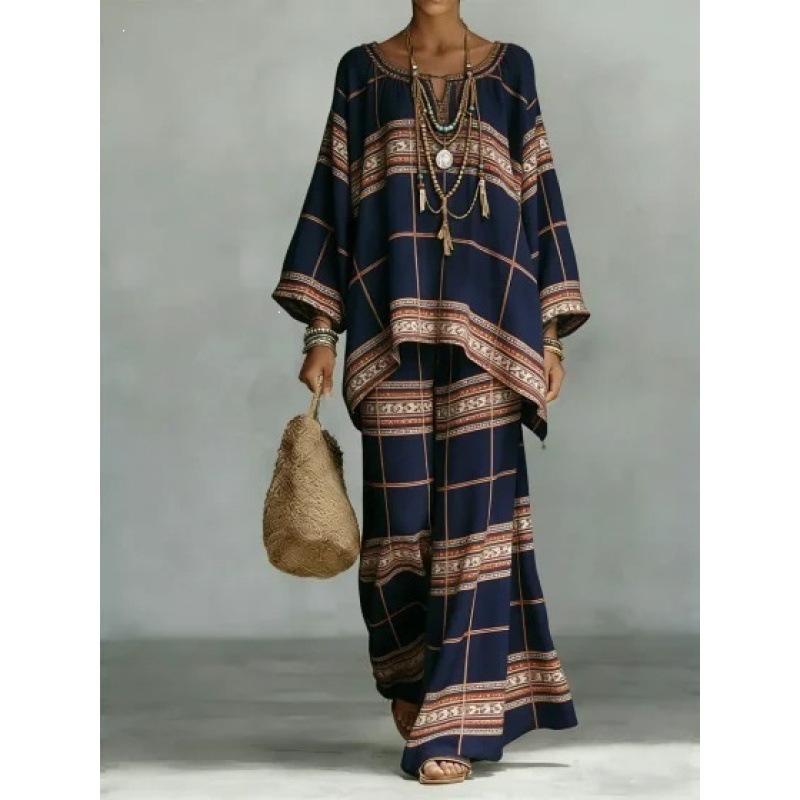 16 European and American women's clothing Y1 large size thin ethnic style dress set Bohemian casual large size jumpsuit