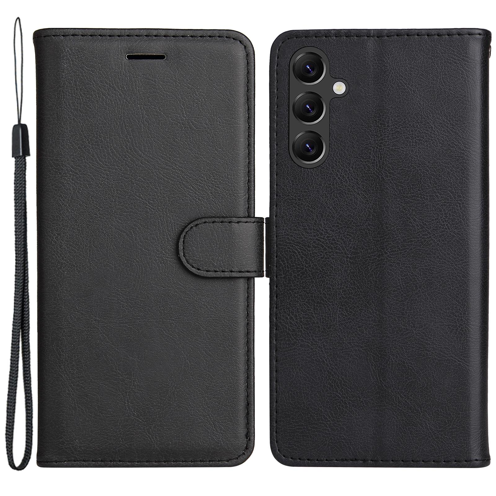 

For Samsung Galaxy A05s 4G Case Solid Color Leather Mobile Cover Wallet Stand with Strap Black