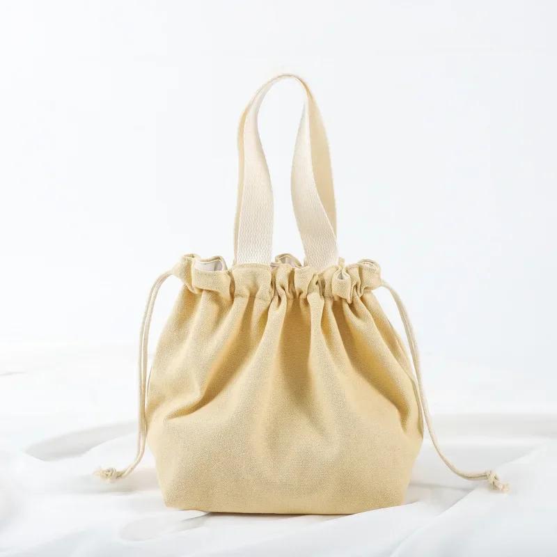 Small Fresh Drawstring Canvas Bag Hand Handbag Japanese Portable Bento Bag Large Capacity Bunched Lunch Box Bag
