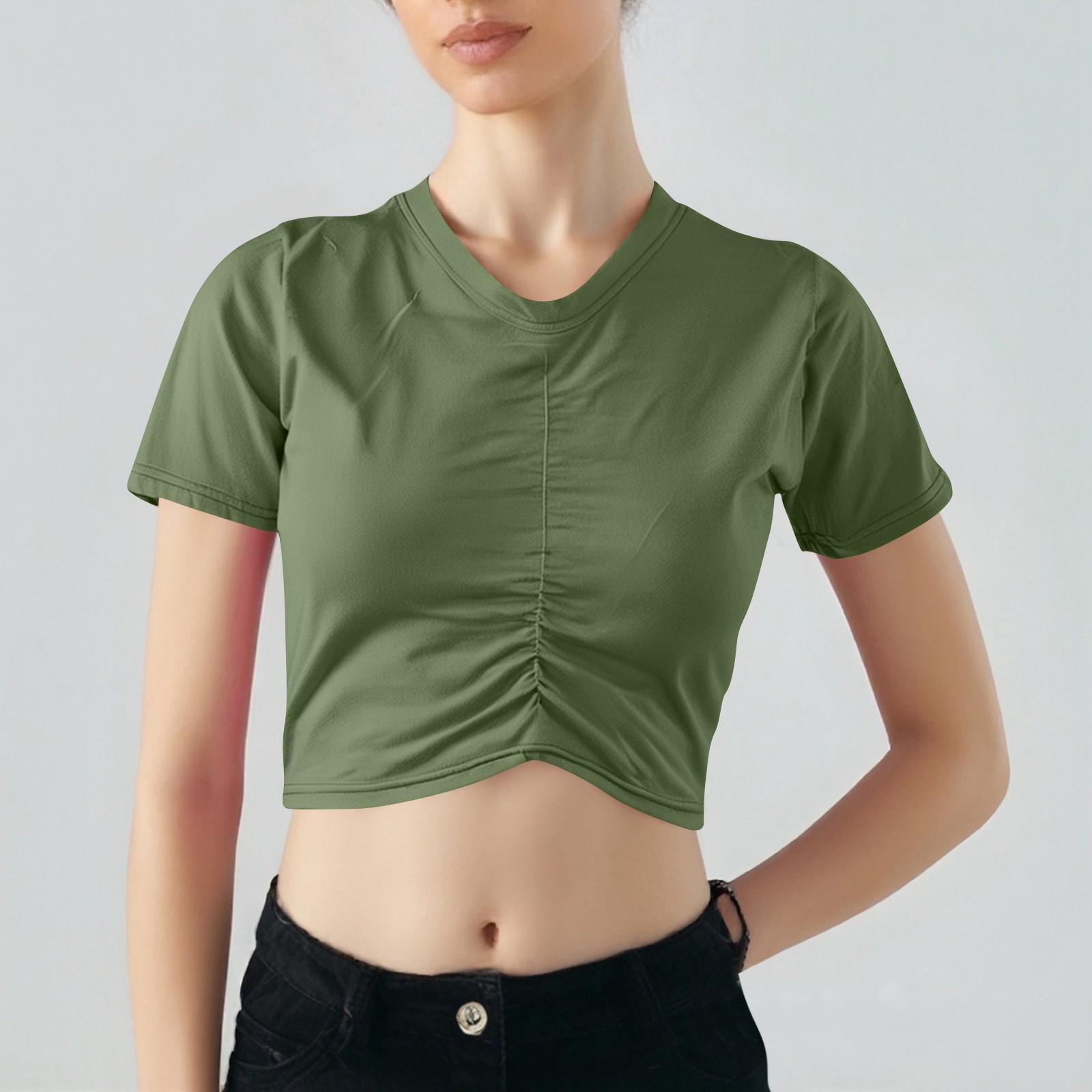 

Женский однотонный свитер с короткими рукавами и круглым вырезом, короткая плиссированная футболка с завязками на талии M