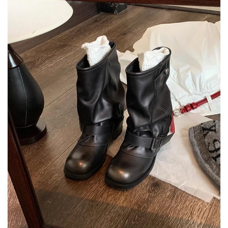 Mid length boots for women in the autumn and winter of  waste soil wind pile boots  western leather short boots for women