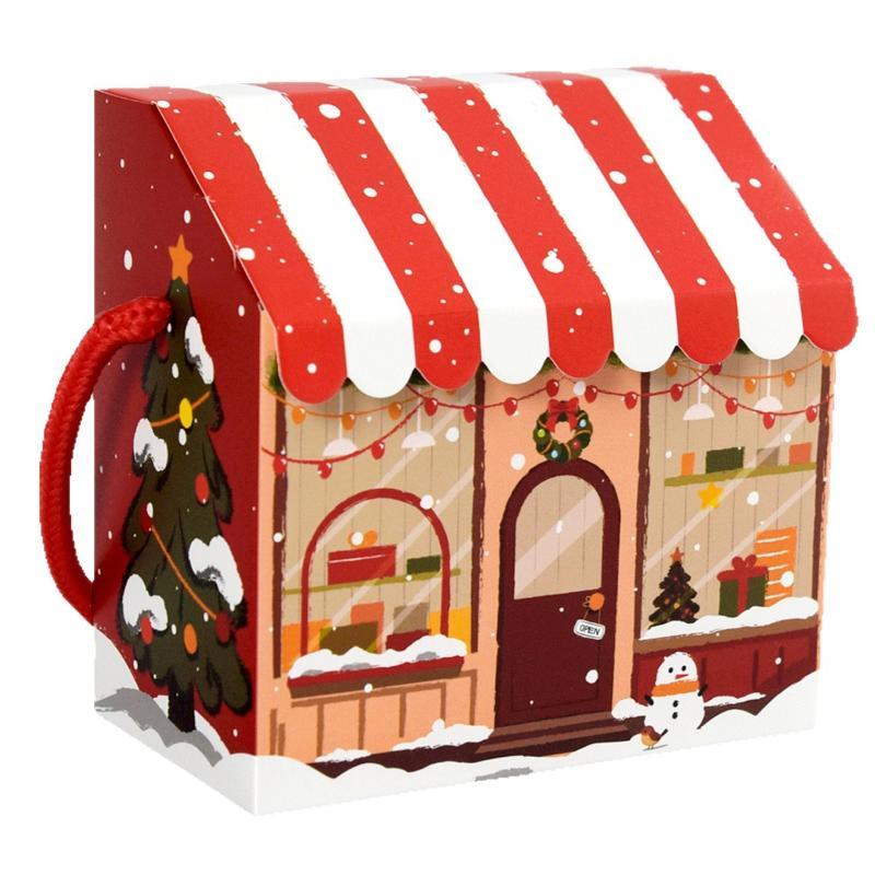 10Pcs Christmas Handle Paper Candy Boxes House Pattern Cute Xmas Snack Treat Holders for Kids Party Favor Gift Packaging