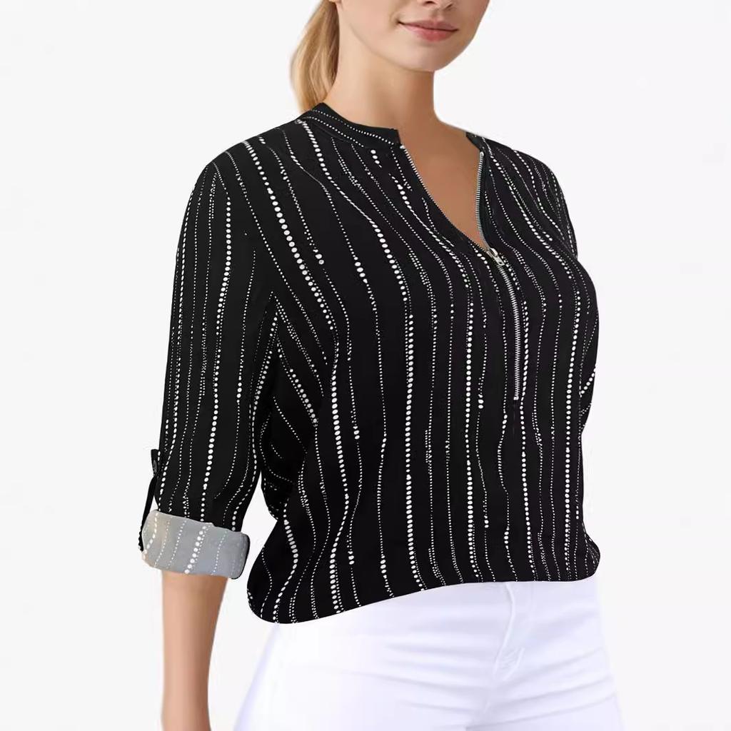 Spring and Autumn Leisure Commuting Elegant Stripe Zipper Long Sleeve Women's Blouses & Shirts