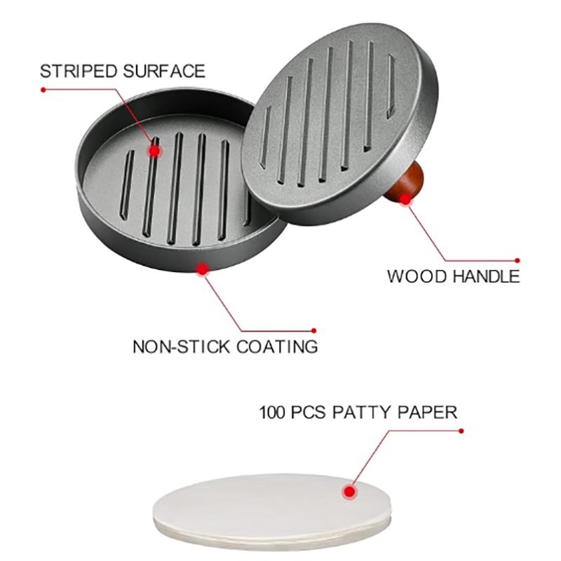 

Пресс для котлет из нержавеющей стали, форма для котлет из гамбургеров, деревянная ручка, антипригарное покрытие, 100 бумажных форм для котлет