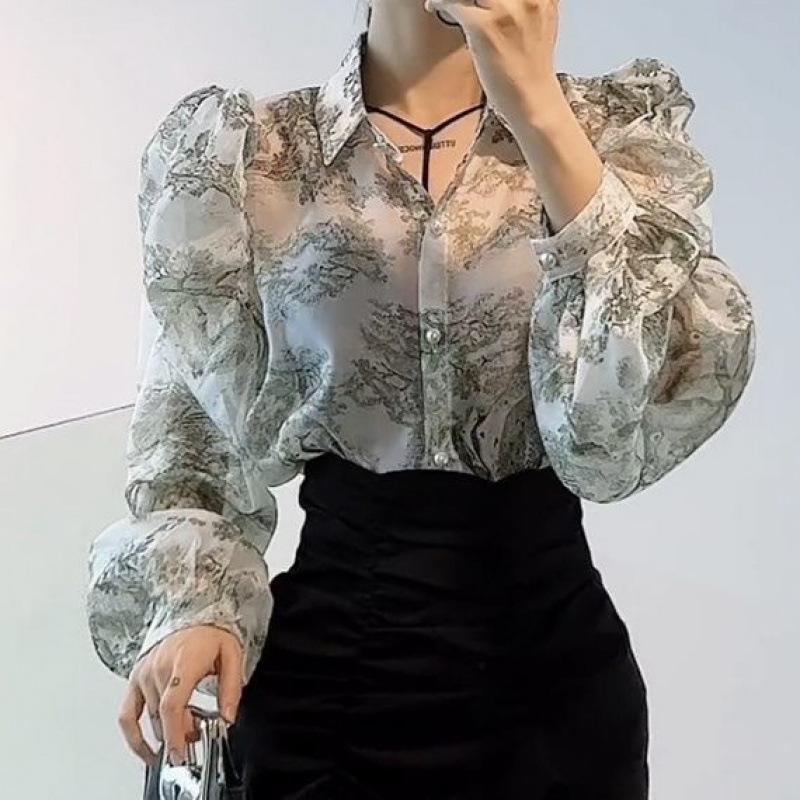 Women’s Retro Floral Puff Sleeve Polo Blouse