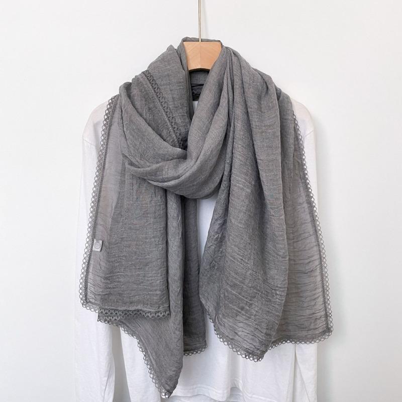 Spring New Lace Pleated Literary Yarn Thin Scarf, Women's Solid Color Cotton and Linen Silk Scarf, Neck Protection Scarf