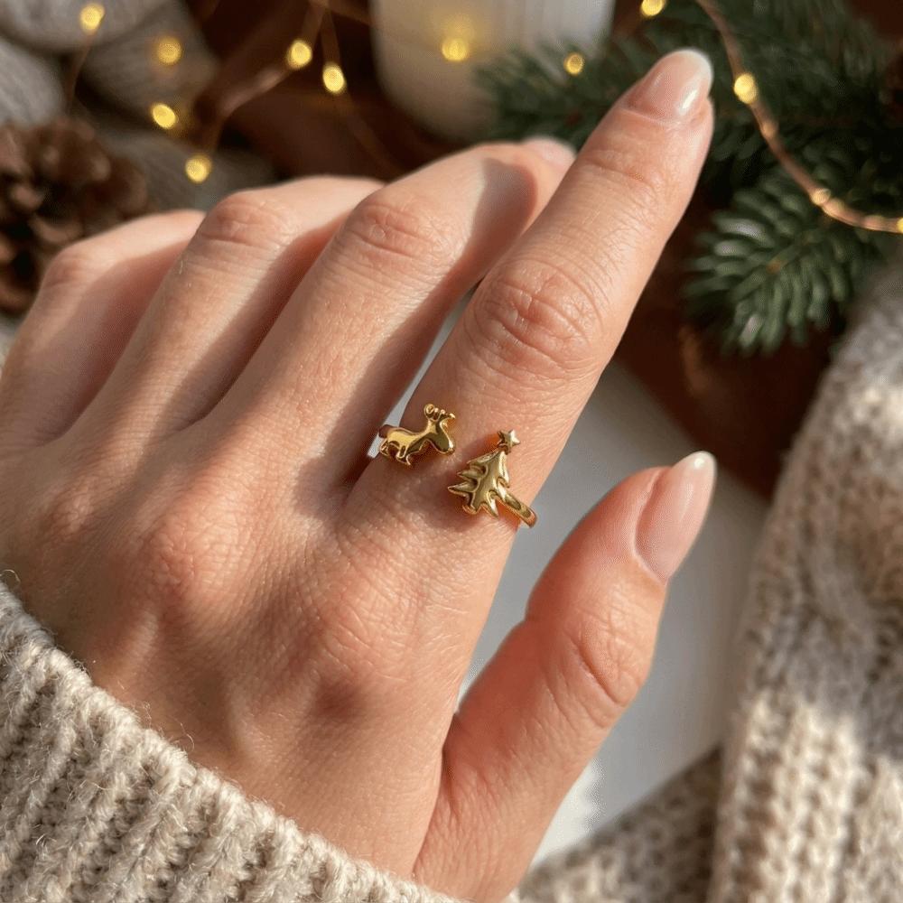 Lightweight Reindeer Ring Retro Adjustable Ring Fashion Christmas Tree Ring Holiday