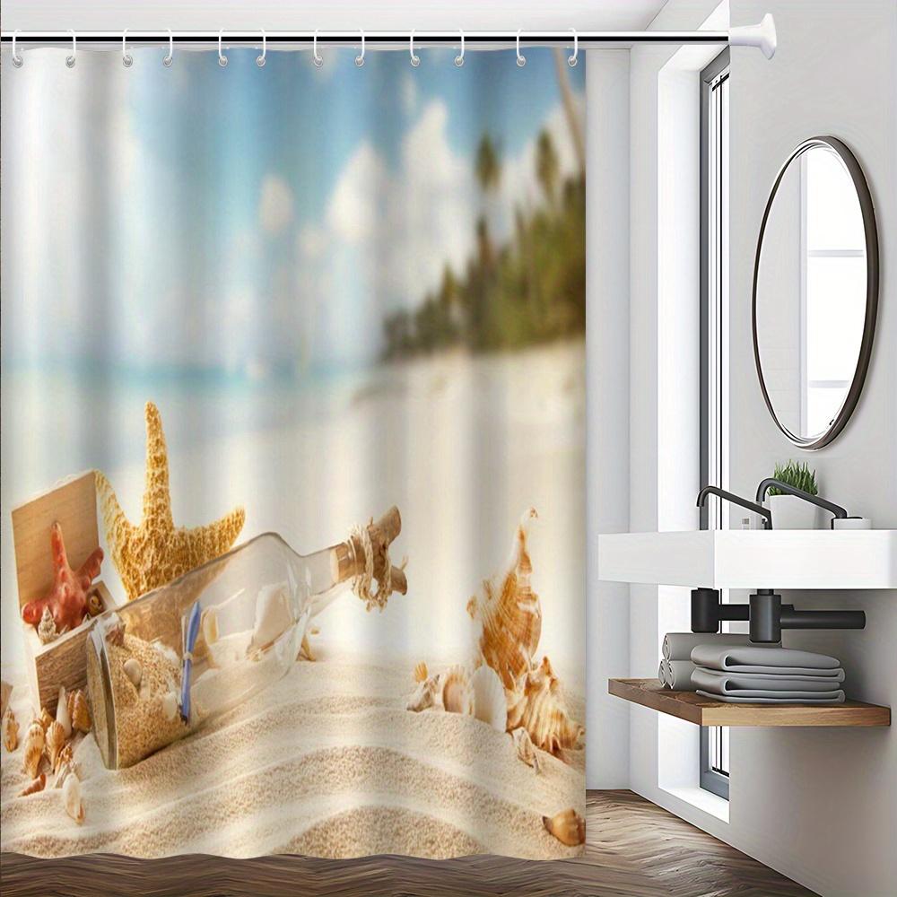 

Beach Bottle Shower Curtain, Clear Glass Bottle With Starfish & Seashells Photo Design,Machine Washable Coastal Bath Decor W60H190(CM)-1 Pcs