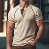 Men's Casual Waffle Knit Contrast Trim Henley Short Sleeve T-Shirt Minimalist