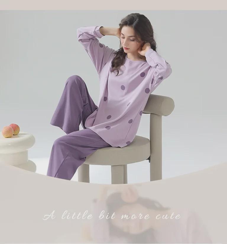 Pijama feminino de manga comprida com estampa de desenho animado e protetores de peito - algodão fino para uso interno/externo na primavera, outono e inverno