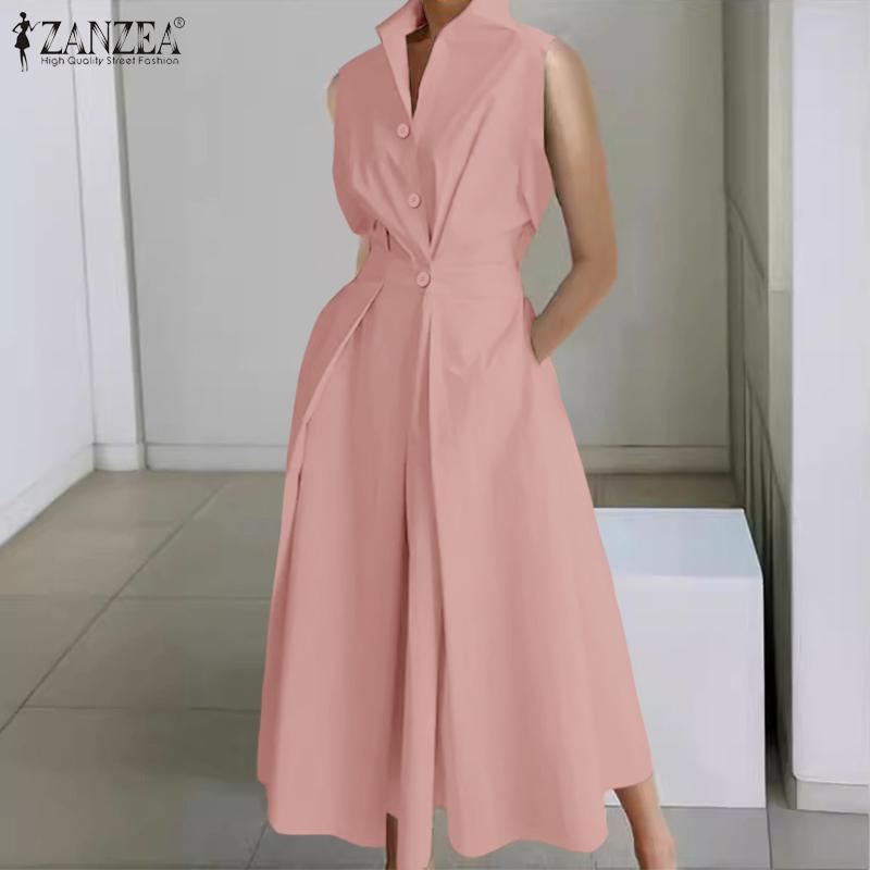ZANZEA Women Casual Turn Down Collar Loose Summer Sleeveless Dress
