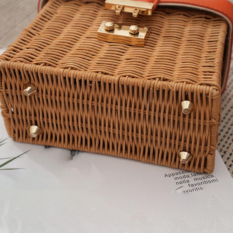 Trend Women's Straw Square Bags Handmade Woven Tote PU Leather Top Handle Rattan Purses Boxes Lady Summer Beach Basket Bags