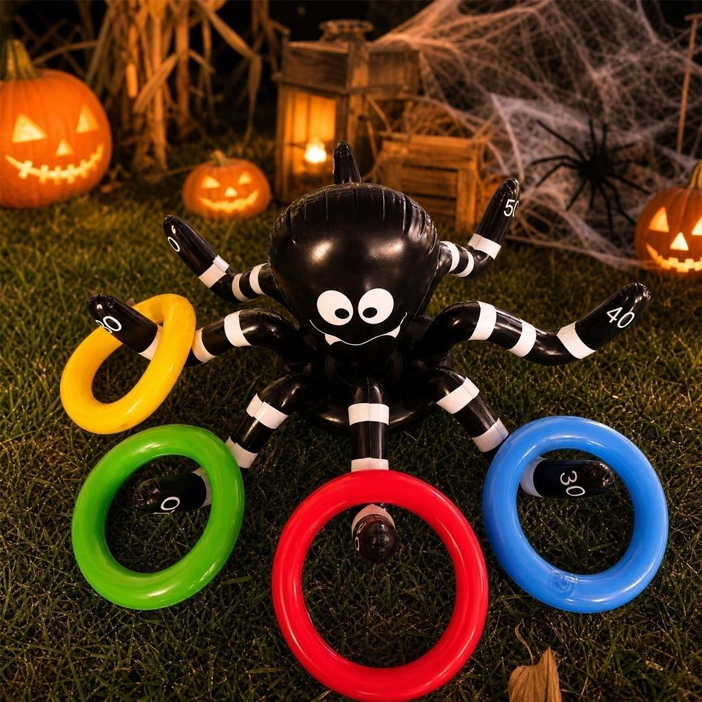 Inflatable Spider Ring Toss Game Set with Large Spider and Multiple Toss Rings for Indoor Outdoor Party Activities Halloween Event Decorations