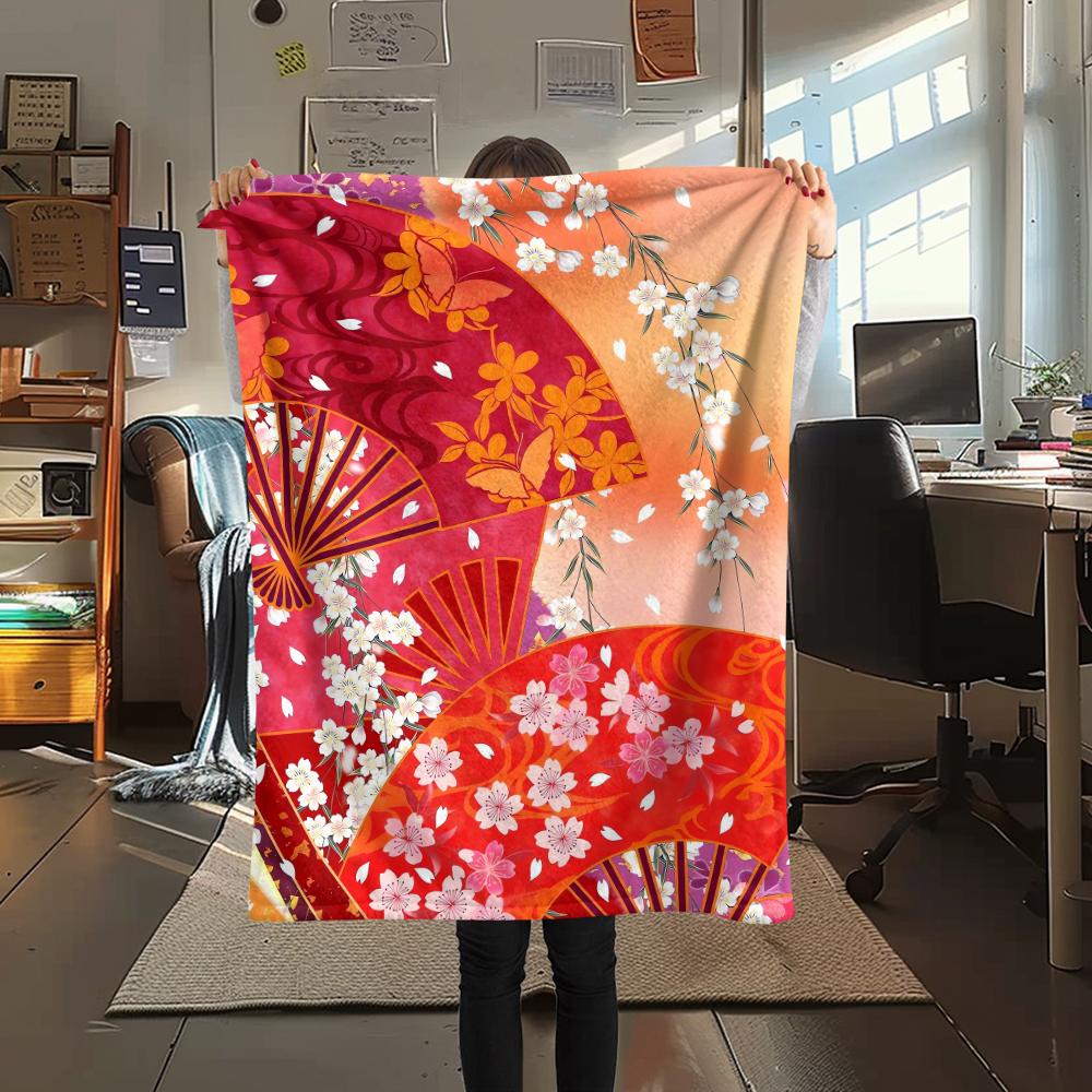 1Pc Japanese Pattern Print Flannel Blanket, High Quality Comfortable for All Seasons, Home Decor, Warmth and Comfort, Perfect for Christmas Gifts