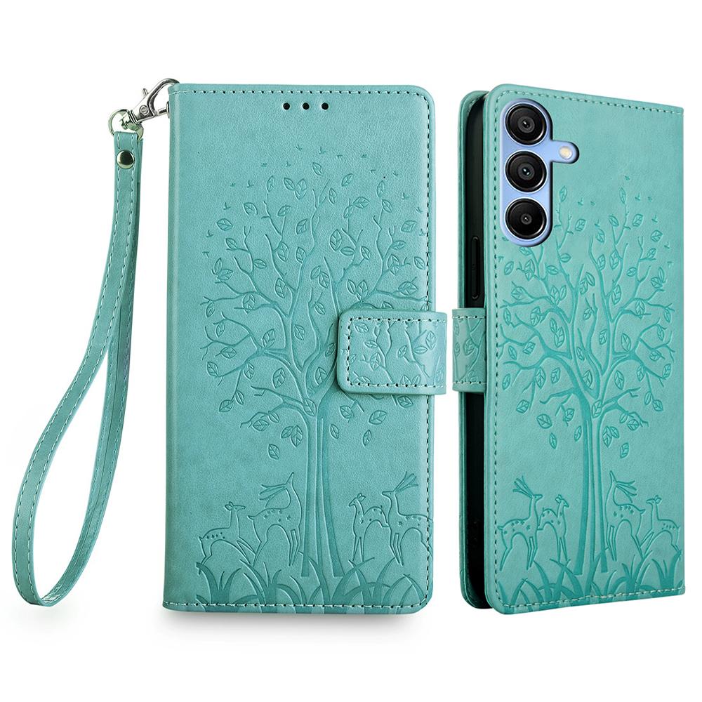 For Samsung Galaxy A15 4G/A15 5G Magnetic Case Imprinted Deer Tree Pattern Cover with Hand Strap