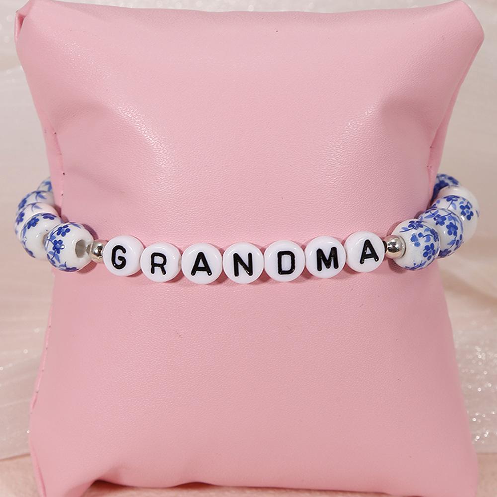 Porcelain Beaded Bracelet Gift - Blue & White Letter Design, Trendy Retro Style for NANA MAMA.