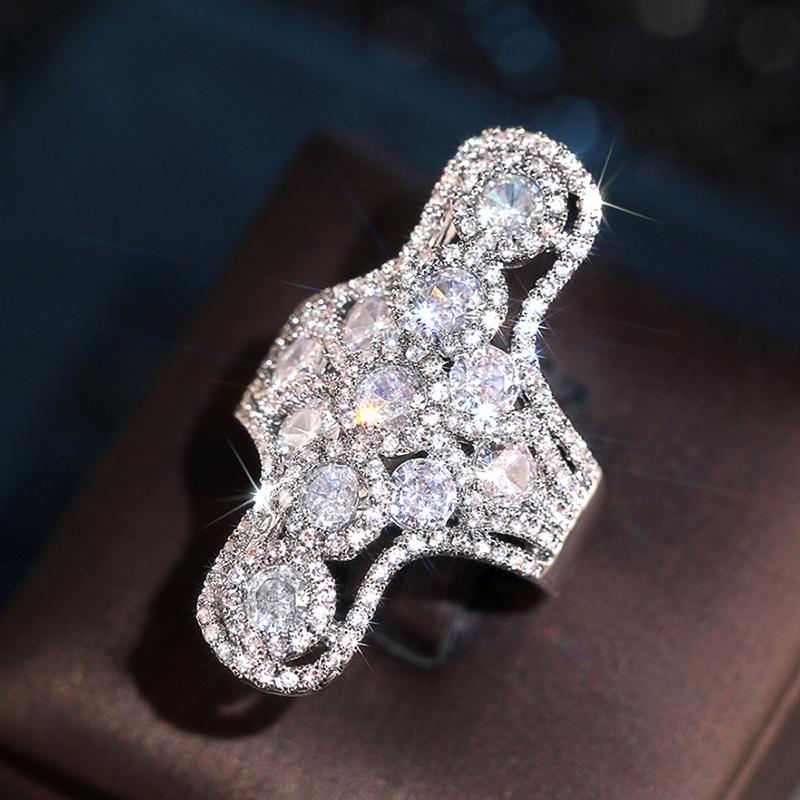 Huitan Geometric Design Women Ring Full Sparkling Cubic Zirconia Luxury Accessories for Party Daily Silver Color Jewelry