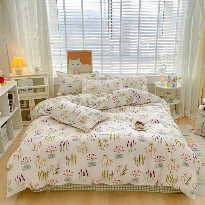 small fresh pure cotton abraded four-piece set, skin-friendly bed sheet washed cotton quilt cover, dormitory three-piece set