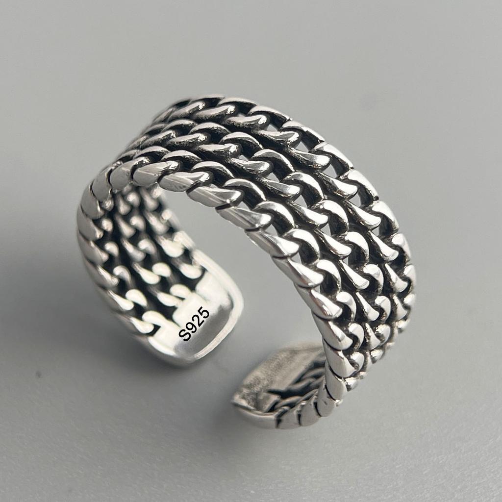 925 Sterling Silver Rings for Women Couple Minimalist Handmade Simple Wide Retro Chain Ring Fine Jewelry Gift Prevent Allergy