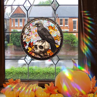 Halloweenská lapačka slunce závěsná dekorace duch dýně čarodějnice černá kočka hrad vrána lebka vitráž 2D plochý akrylový nástěnný okenní závěsný nápis