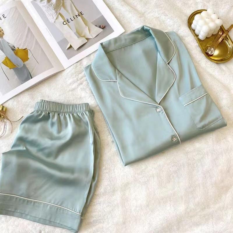 Damen-Pyjama-Set aus Eisseide, kurzärmelig, für Mädchen, Heimkleidung, einfarbig, zweiteilig, bequem, Kirschdruck