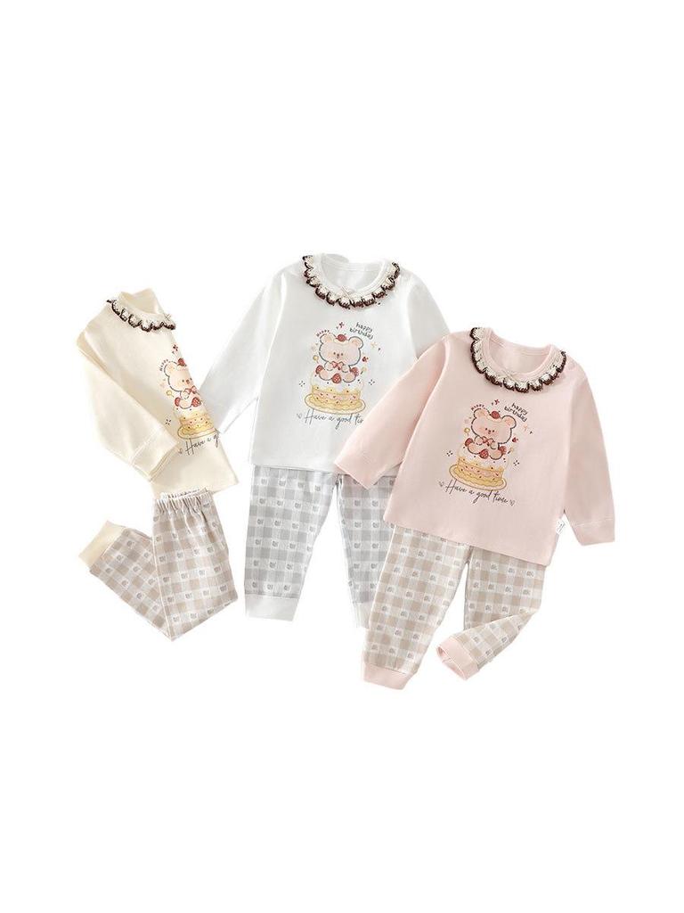 Cake Bear Pure Cotton Autumn Pajamas Set for Boys and Girls – Base Layer Pants and Top, Class A, Boneless Design
