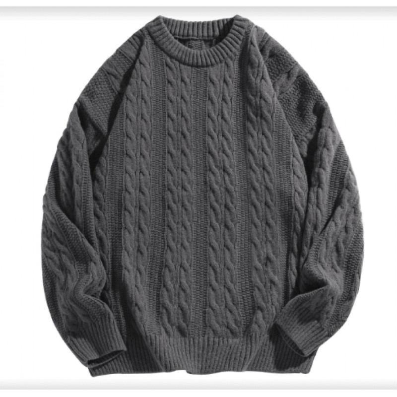 Unisex Japanese Retro Cable Knit Sweater, Round Neck, Loose Fit, Casual Autumn Style