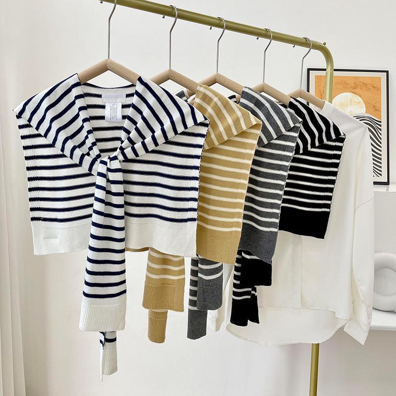 Striped Knit Shawl Navy Style Air Conditioning Room Outdoor Scarf Fake Collar Spring Autumn Office Shoulder Vest