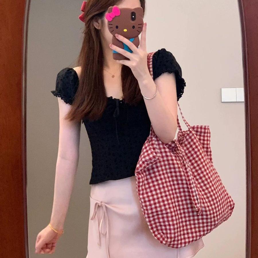 Women's Age-Reducing Pink A-Line Skirt & Black French-Style Top Summer Set - Slimming Sweet & Spicy Look
