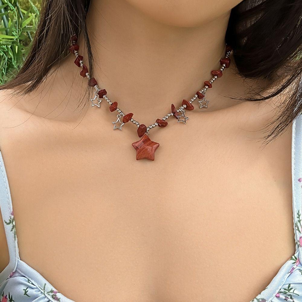 Goth Beads Chain Star Shaped Collarbone Necklace Crushed Stone Hollow Star Pendant  Summer Beach