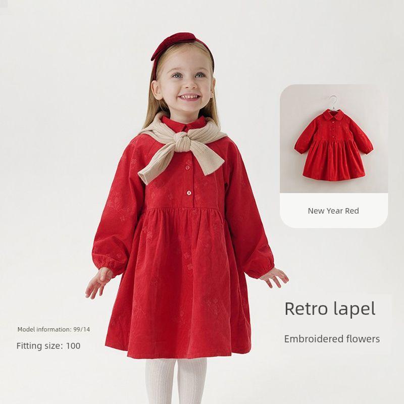 Mark Jenny French-Style Elegant Girls  Soft Corduroy Dress New Year Red Autumn and Winter Dress 221303 New Year Red [Ready Stock] 140