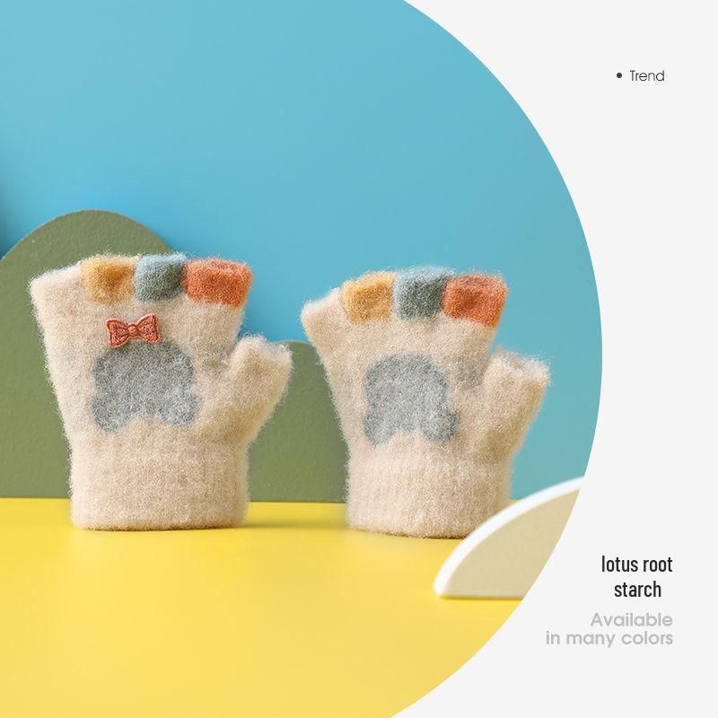 Cartoon Cute Half-Finger Knitted Baby Gloves for Toddlers (0-2 Years), Autumn & Winter, Plus Velvet