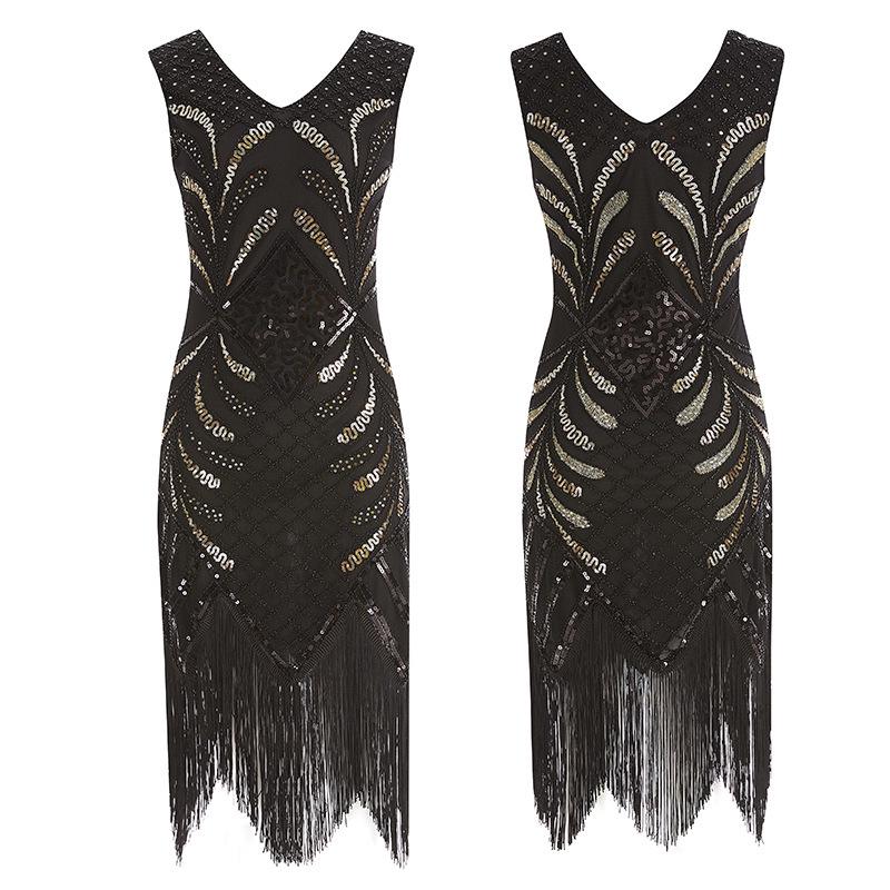1920s Vintage Plus Size Tassel Evening Dress with Handmade Beading and Sequins