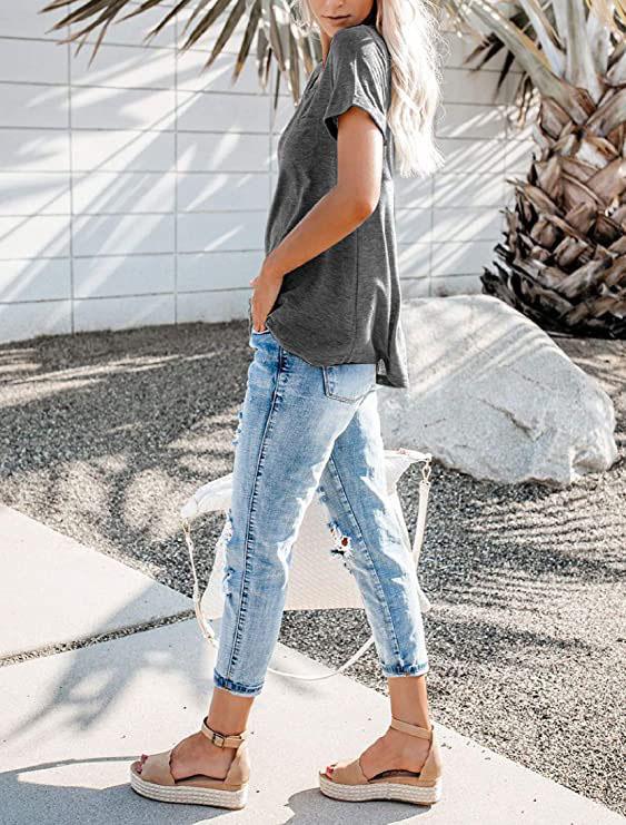 New Women's V-Neck Short Sleeve Loose Pocket T-shirt for Spring/Summer - Europe & America Style