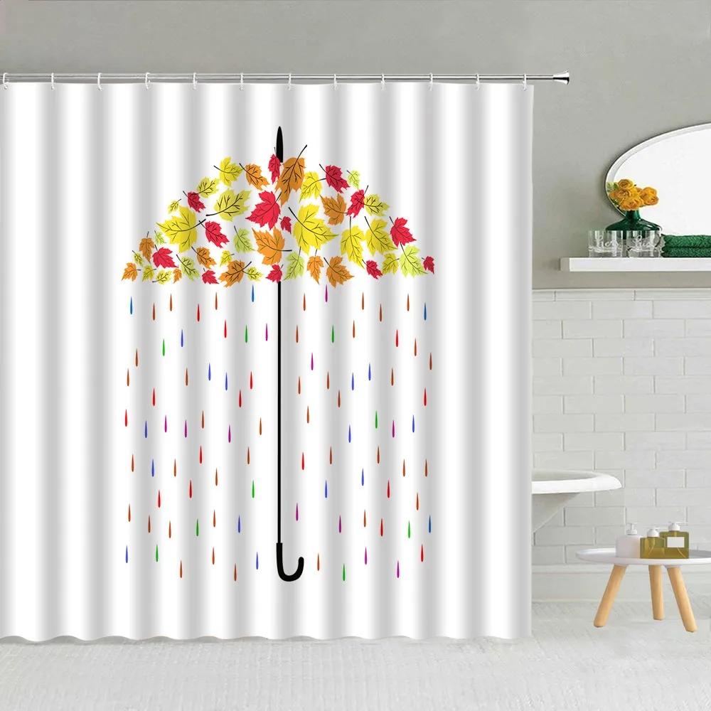 Cartoon Style Umbrella Printed Shower Curtain Colorful Rain Drops Boy Girl Bathroom Decor Waterproof Fabric Screen With Hooks