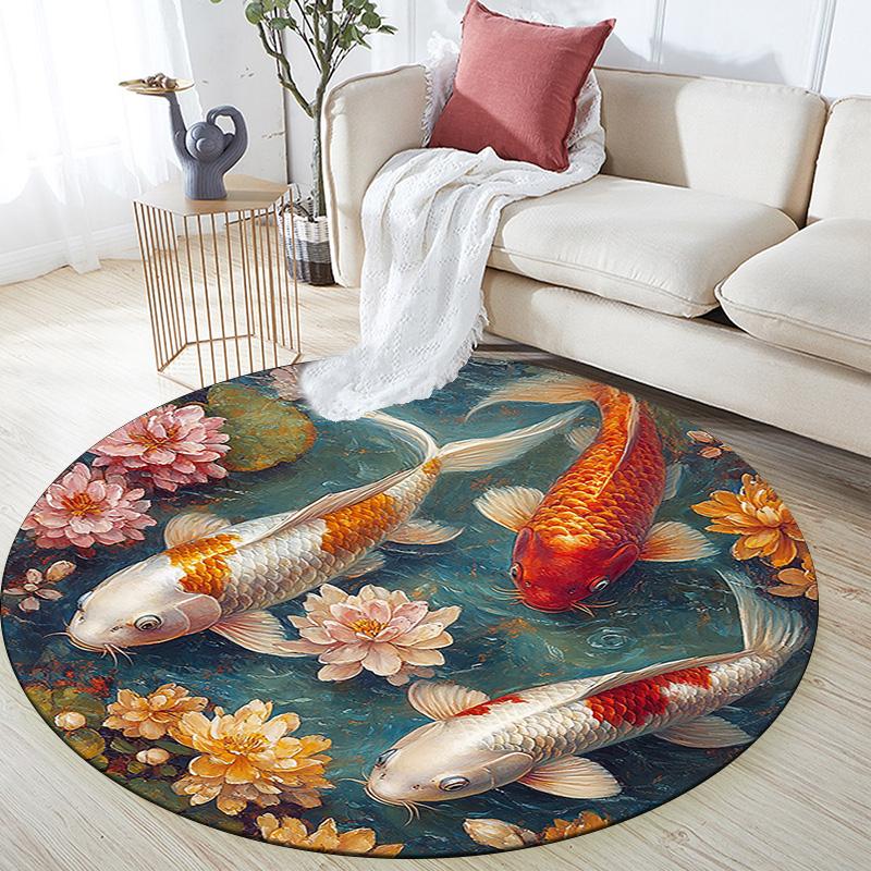 Koi Fish Round Area Rug,Carpet Rug for Living Room Bedroom Sofa Playroom Decor,Non-slip Floor Mat