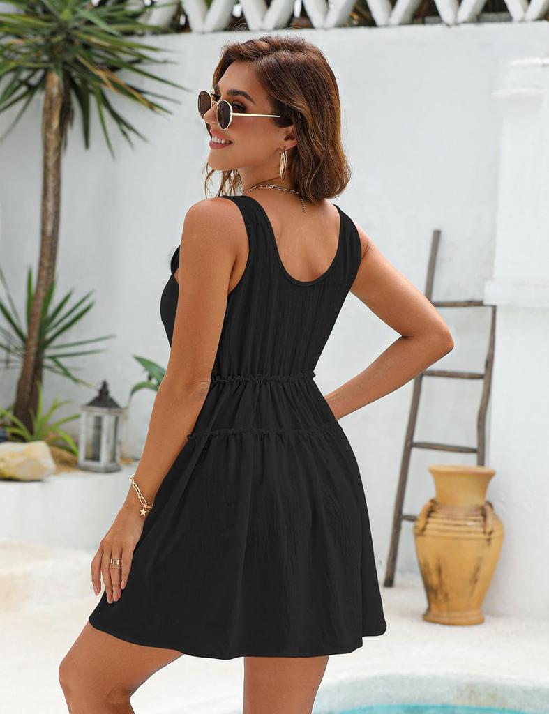 Summer Women's O-Neck Pockets Dress Casual Sleeveless Vest Mini Dress Beach Holiday Solid Color Beach Dress Elegant Female Vestidos