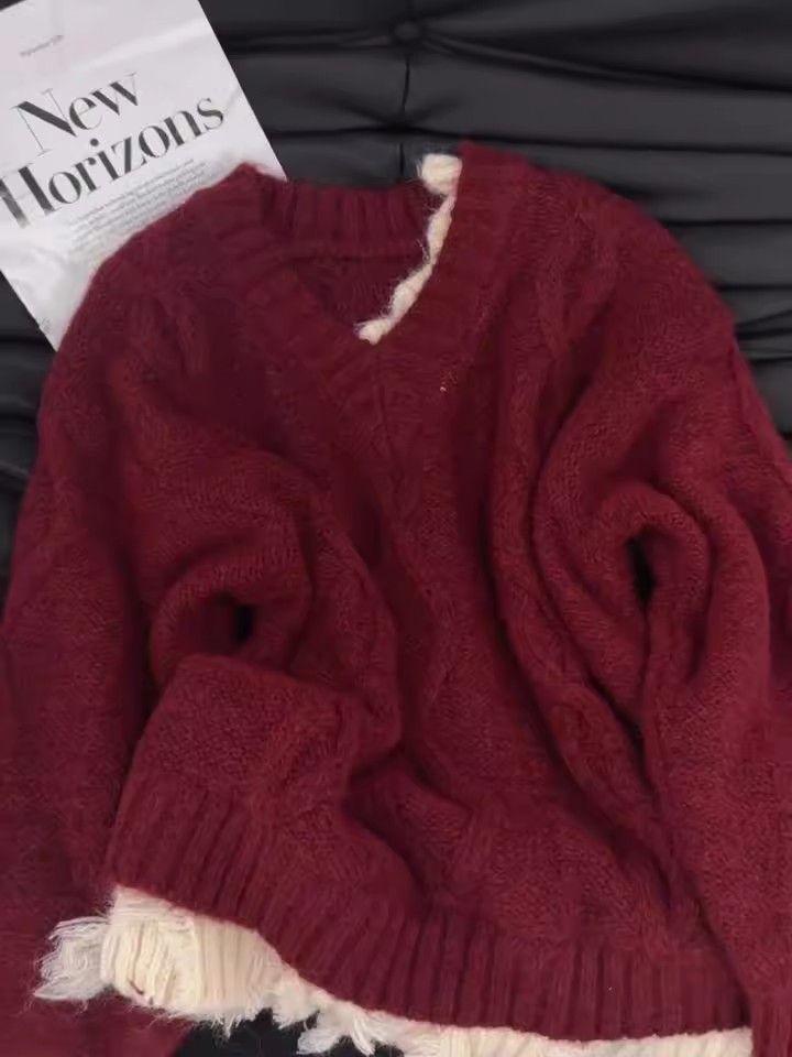 Women's High-End Red V-Neck Two-Piece Look Sweater, Korean Lazy Style, Autumn Winter Ripped Design Top