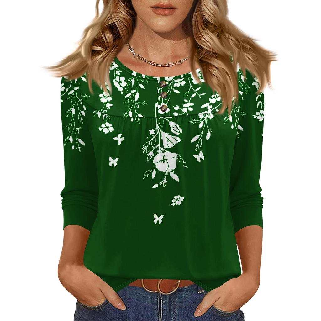 Women's Fashionable Casual Floral Print Three-quarter Sleeve Top