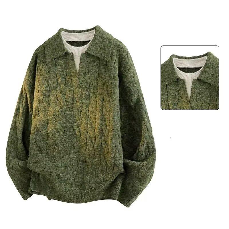 Men s Fake Two-Piece V-Neck Cable Knit Sweater - Autumn/Winter Business Outerwear 2XL зелёный