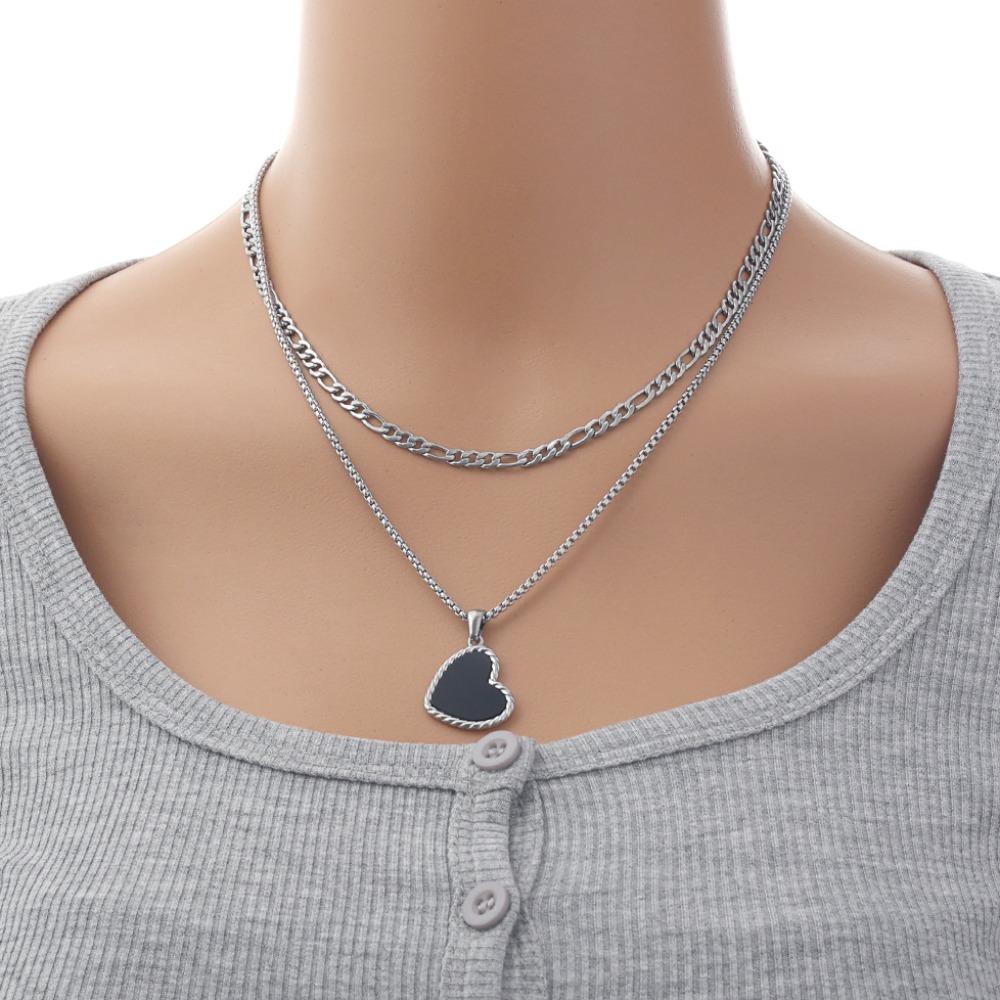 Titanium Steel Double Stacked Neck Chain Sweet Charm Heart Clavicle Chain  Birthday Gift