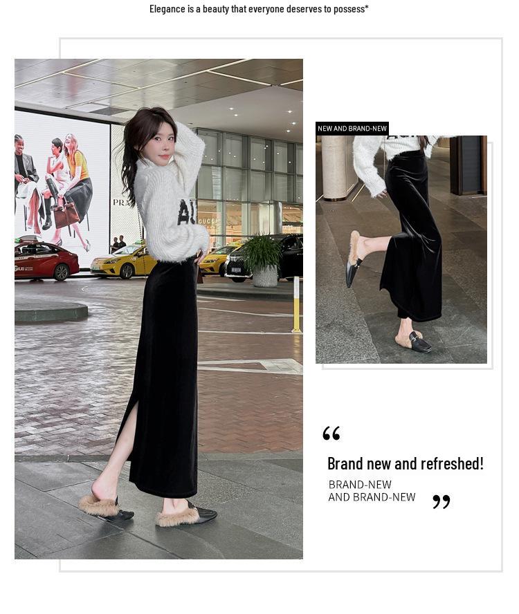 Golden Velvet High-Waist Slit Skirt: Retro Slimming Drape for Women, Spring-Autumn 2026