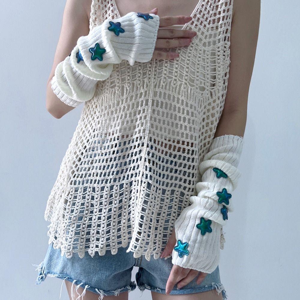Punk Solid Color Star Knitted Gloves Gothic Wool Sleeve Cuff Long Hand Sleeve Arm Warmers Winter