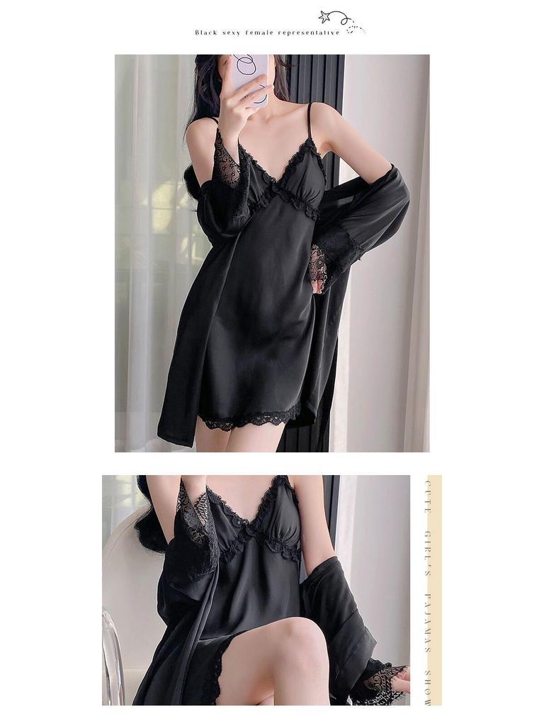 Elegant Lace Ice Silk Two-Piece Camisole Nightgown & Robe Set for Women - Spring/Summer