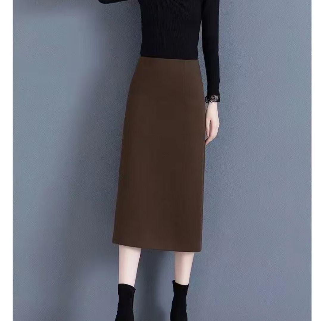 

2025 Юбка миди из шерстяной смеси с высокой посадкой - Стройнящая, универсальная прямая юбка с разрезом для осени/зимы L 105-115 lbs кофейный