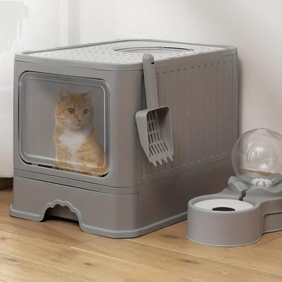 Vollständig geschlossene Katzentoilette mit Deckel, faltbare, spritzwassergeschützte Katzentoilette mit vorderer Klapptür und Spielzeugeingang, Katzentoilette für Hauskatzen
