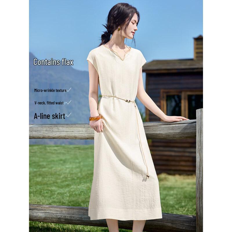 Mohanyimei V-Neck Linen Blend Tie-Waist A-Line Dress L