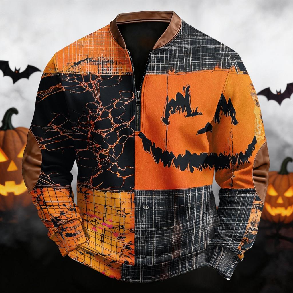 Men's Vintage Halloween Print Half Zip Crewneck Sweatshirt