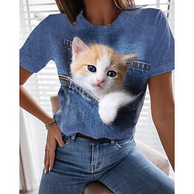 Women's T Shirt Tee Pink Blue Purple Cat 3D Print Short Sleeve Daily Weekend Basic Round Neck Regular Fit 3D Cat Painting